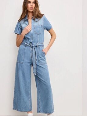 Good American Light Blue Denim Short Sleeve Jumpsuit with Tie Waist